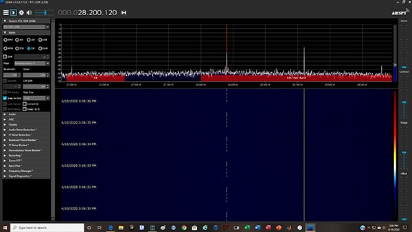 Spectrogram view of a CW Morse code signal (click to enlarge) Image of spectrogram view of a CW Morse code signal (click to enlarge)