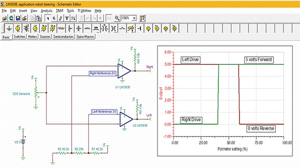 Circuit simulation for a robot steering control using two control motors (click to enlarge) 使用兩個控制馬達,對機器人進行轉向控制的電路模擬 (點選放大)