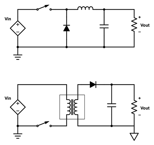 Non-isolated DC-DC converter (top) compared with an isolated version (bottom) Diagram of non-isolated DC-DC converter (top) compared with an isolated version (bottom)