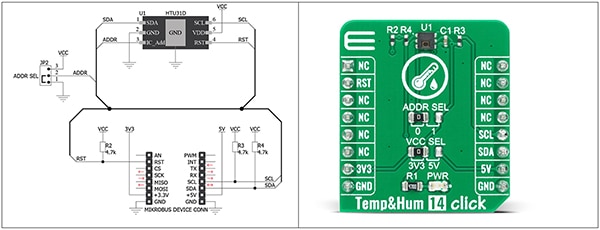 MikroElektronika Temp & Hum 14 Click board and design schematic (click to enlarge) Image of MikroElektronika Temp & Hum 14 Click board and design schematic (click to enlarge)