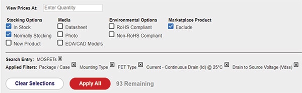 Checking the “In stock” and “Exclude” boxes Image de la sélection des cases « En stock » et « Exclure »