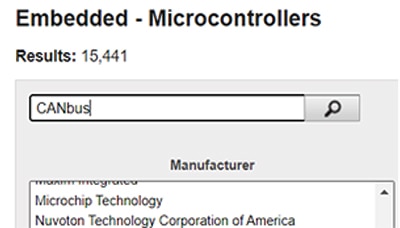 An example of entering “CANbus” into the ‘Search Within Results’ Image d'un exemple de saisie de « CANbus » dans « Rechercher dans les résultats »