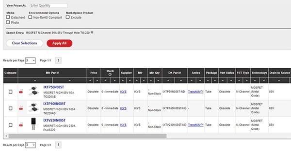 Search results for “MOSFET N-Channel 50A 85V Through Hole TO-220” Image des résultats de la recherche pour « MOSFET canal N 50A 85V trou traversant TO-220 »
