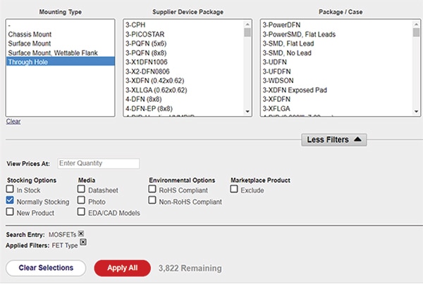 Select “Through Hole” mounting type Image de la sélection du type de montage « Trou traversant »