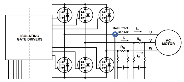 Three-phase motor driver system (U, V, and W) Diagram of three-phase motor driver system (U, V, and W)