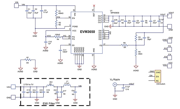 Monolithic Power Systems EVM3650-QW-00A evaluation board package (click to enlarge) Diagram of Monolithic Power Systems EVM3650-QW-00A evaluation board package (click to enlarge)