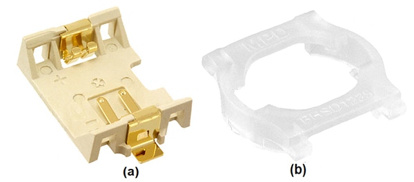 12 mm battery cell holder (a) along with its retainer (b) Image of 12 mm battery cell holder (a) along with its retainer (b)