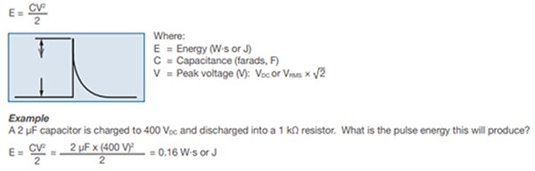 Example of a pulse energy calculation for a capacitive charge/discharge application Image of example of a pulse energy calculation for a capacitive charge/discharge application