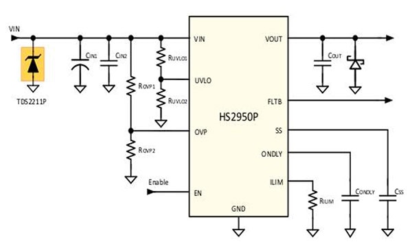 Semtech TDS2211P can be used to protect a load switch (HS2950P) (click to enlarge) Diagram of Semtech TDS2211P can be used to protect a load switch (HS2950P) (click to enlarge)