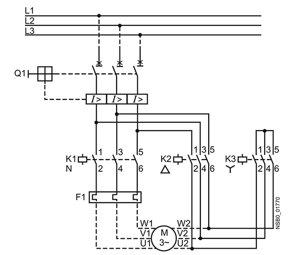 YΔ circuit comprising an overload relay Schéma de circuit YΔ comprenant un relais de surcharge