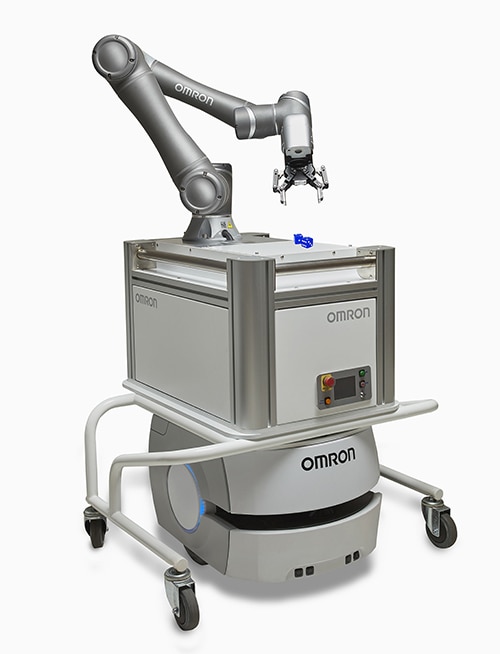 Manipulator cobot on top of an autonomous mobile robot Image d'un cobot manipulateur sur un robot mobile autonome