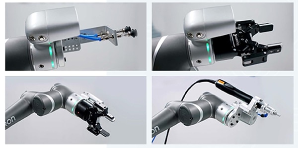 Cobot end-effectors can be easily switched for any task Image de cobots dont les effecteurs terminaux peuvent être facilement changés pour s'adapter à n'importe quelle tâche