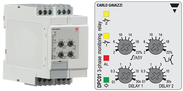 Carlo Gavazzi DPC01DM69 DIN rail mount phase monitor relay with LEDs Carlo Gavazzi DPC01DM69 DIN 軌道安裝式相位監測繼電器 (含 LED) 的圖片