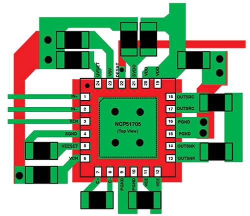 Recommended pc board layout for the onsemi NCP51705 Diagram of recommended pc board layout for the onsemi NCP51705