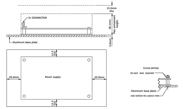 Suitable cooling plate for the CUI Inc. VMS-550-48 power supply (click to enlarge) Diagram for a suitable cooling plate for the CUI Inc. VMS-550-48 power supply (click to enlarge)