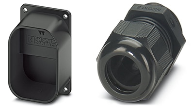 Connector holders (left) and cable glands (right) Abbildung von Steckerhaltern (links) und Kabelverschraubungen (rechts)