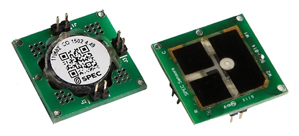 Spec Sensors screen-printed amperometric gas sensor Obrázek amperometrického senzoru plynu s tištěnými elektrodami od společnosti Spec Sensors