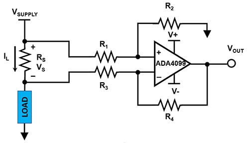 AC motor, high-side, current-sensing circuit Diagramm der High-Side-Strommessschaltung eines AC-Motors