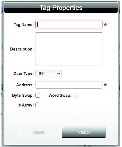 Dialog for programming the Weidmüller gateway with PLC tag properties Image of dialog for programming the Weidmüller gateway with PLC tag properties