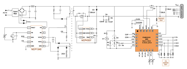 Main circuit diagram of a USB-C PD 3.0 PPS mains charger (click to enlarge) Image du schéma de circuit principal d'un chargeur secteur PPS USB-C PD 3.0 (cliquez pour agrandir)