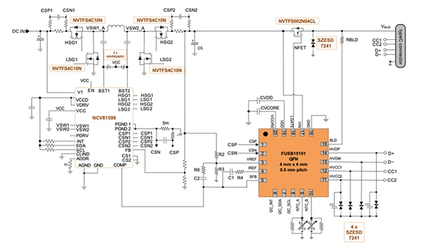 FUSB15101 controls the four-stage DC/DC converter controller NCV81599 directly (click to enlarge) Schéma du FUSB15101 commandant directement le contrôleur de convertisseur CC/CC à quatre étages NCV81599 (cliquez pour agrandir)