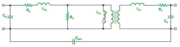 A more realistic transformer model shows basic interwinding capacitance Schéma d'un modèle de transformateur plus réaliste montrant la capacité d'inter-enroulement de base