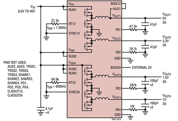 Analog Devices LTM8060 four-channel μModule configurable array (click to enlarge) Image of Analog Devices LTM8060 four-channel μModule configurable array (click to enlarge)