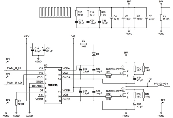 Recommended design for a half-bridge power stage using Nexperia GAN063-650WSA GaN FETs (click to enlarge) Image of recommended design for a half-bridge power stage using Nexperia GAN063-650WSA GaN FETs (click to enlarge)