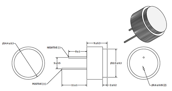 PUI Audio UTR-1440K-TT-R basic 40 kHz ultrasonic transceiver (click to enlarge) Schéma de l'émetteur-récepteur à ultrasons 40 kHz de base UTR-1440K-TT-R de PUI Audio (cliquez pour agrandir)