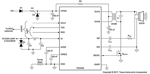 Texas Instruments PGA460PSM-EVM evaluation module (click to enlarge) Schéma du module d'évaluation PGA460PSM-EVM de Texas Instruments (cliquez pour agrandir)