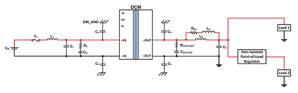 Typical application of the Vicor DCM3623T75H06A6T00 driving a direct load (click to enlarge) Image of typical application of the Vicor DCM3623T75H06A6T00 driving a direct load (click to enlarge)