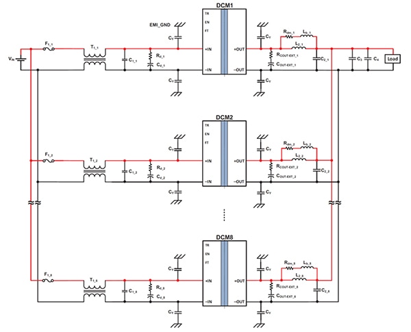 Circuit shows the parallel array operation of four DCM converters (click to enlarge) Diagram of circuit shows the parallel array operation of four DCM converters (click to enlarge)