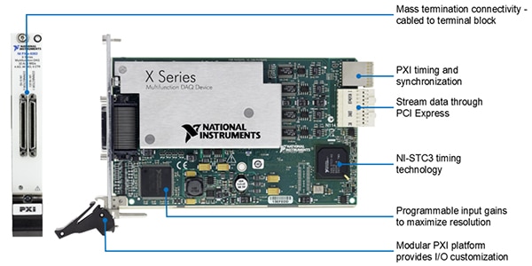 NI PXIe-6363 multifunction I/O module (click to enlarge) Image of detailed view of the NI PXIe-6363 multifunction I/O module (click to enlarge)