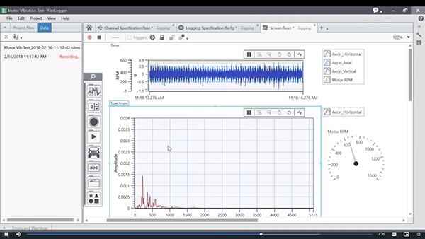FlexLogger display shows the measurement of the vibration of a motor (click to enlarge) Image of FlexLogger display shows the measurement of the vibration of a motor (click to enlarge)