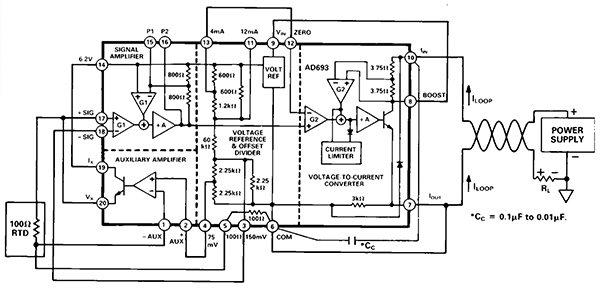 All-analog, loop-powered Analog Devices AD693 RTD transmitter (click to enlarge) Diagram of all-analog, loop-powered Analog Devices AD693 RTD transmitter (click to enlarge)