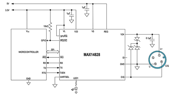 Analog Devices MAX14828ATG+ IO-Link transceiver IC (click to enlarge) Diagram of Analog Devices MAX14828ATG+ IO-Link transceiver IC (click to enlarge)