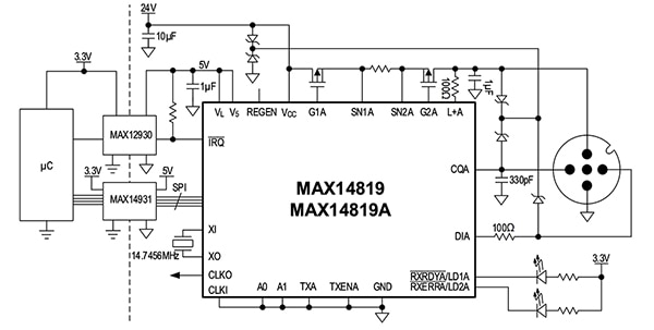 Analog Devices MAX14819ATM+ dual-channel, IO-Link master transceiver (click to enlarge) Image of Analog Devices MAX14819ATM+ dual-channel, IO-Link master transceiver (click to enlarge)