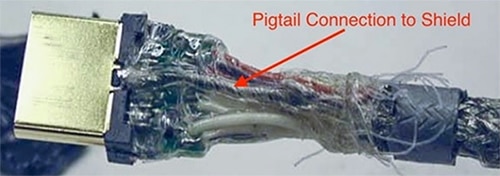 Innocuous-looking pigtail-style shield termination on this HDMI cable Image of innocuous-looking pigtail-style shield termination on this HDMI cable
