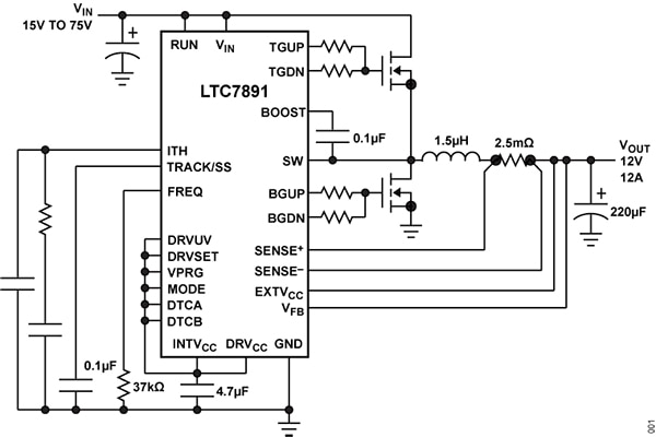Step-down regulator using ADI's 28-lead LTC7891 Schéma d'un régulateur abaisseur utilisant le LTC7891 à 28 broches d'ADI