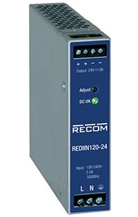 RECOM REDIIN120 series 120 W DIN rail power supply Image of RECOM REDIIN120 series 120 W DIN rail power supply