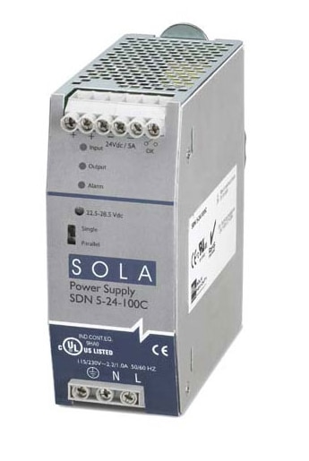 SolaHD SDN5-24-100C compact, DIN-rail mounted power supply Kuva SolaHD-yrityksen kompaktista DIN-kiskoon asennettavasta SDN5-24-100C-virtalähteestä.