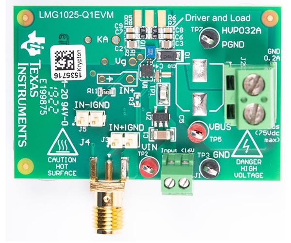 Texas Instruments LMG1025-Q1EVM demo board รูปภาพของบอร์ดสาธิต Texas Instruments LMG1025-Q1EVM