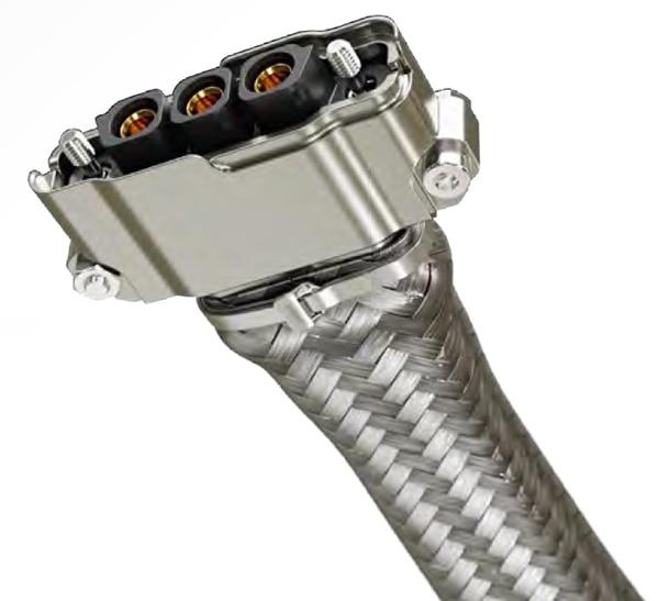 Harwin aluminum back shell with flexible braiding attached to a tie band Image d'un capot en aluminium de Harwin avec tresse flexible attachée avec une bande de serrage