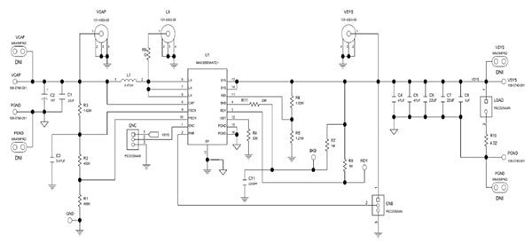 Analog Devices MAX38889 evaluation board (click to enlarge) Schematic of Analog Devices MAX38889 evaluation board (click to enlarge)