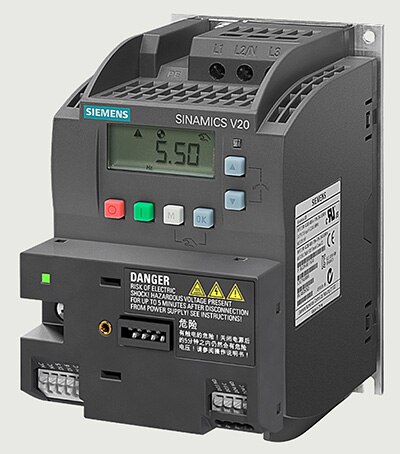 Siemens expansion module mounted on the front of a SINAMICS V20 drive Image of Siemens expansion module mounted on the front of a SINAMICS V20 drive