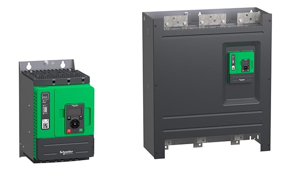 Smallest (left) and largest (right) units in Schneider Electric's Altivar Soft Starter ATS480 family Kuva Schneider Electricin Altivar-pehmokäynnistinsarjan ATS480 pienimmästä (vasemmalla) ja suurimmasta (oikealla) yksiköstä