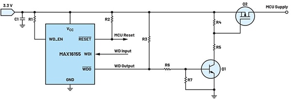 NPN bipolar junction transistor (Q1) drives the P-channel MOSFET (Q2) (click to enlarge) Diagram of NPN bipolar junction transistor (Q1) drives the P-channel MOSFET (Q2) (click to enlarge)