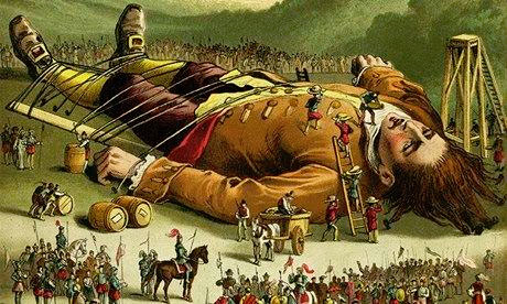 1726 illustration depicting Gulliver and the Lilliputians