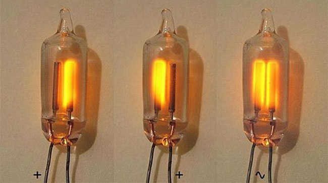 “Triple” image (left to right) of a positive polarity on the left wire (cathode on right), on the right wire (cathode on left), and driven by an AC waveform (cathode alternating)