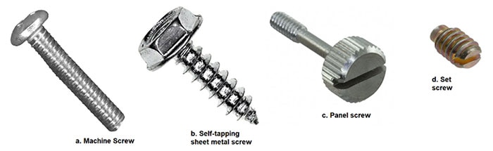 Commonly used types of screws employed in electronic assemblies